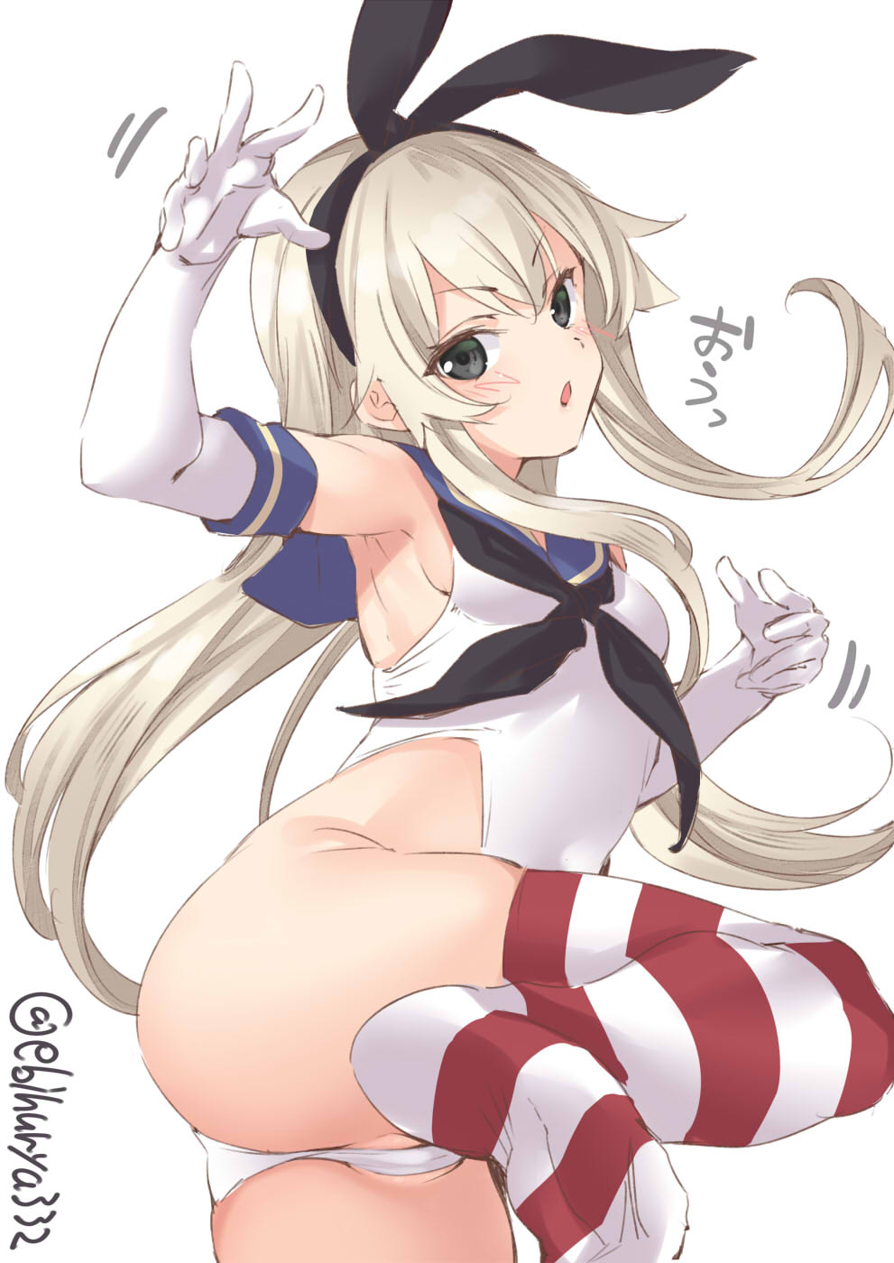 1girl, adapted_costume, armpits, ass, bad_anatomy, black_eyes, black_neckwear, blonde_hair