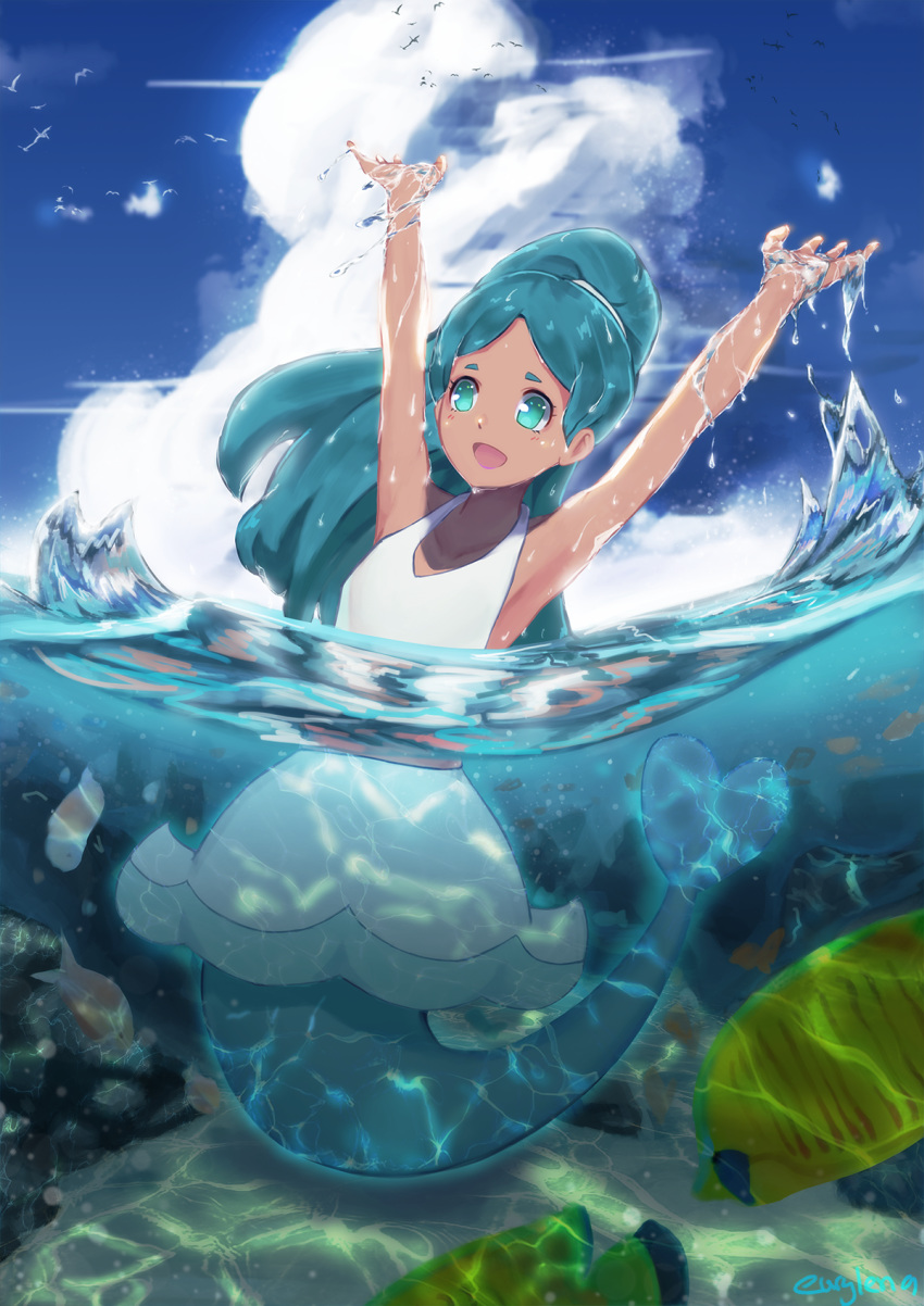 1girl, :d, arms_up, blue_eyes, blue_hair, brand_new_animal, dark_skin, day