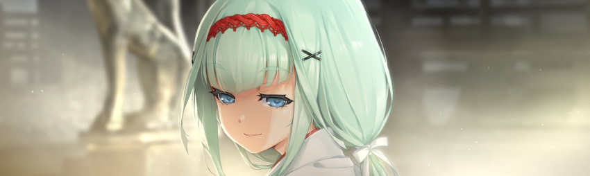 1girl, bishoujo_mangekyou, blue_eyes, blurry, blurry_background, eyebrows_visible_through_hair, game_cg, green_hair, hair_ornament, hair_ribbon, hairband, happoubi_jin, japanese_clothes, light_particles, looking_at_viewer, looking_back, low_twintails, miko, nanayama_moyoka, non-web_source, ribbon, smile, solo, statue, twintails, upper_body, white_ribbon, x_hair_ornament