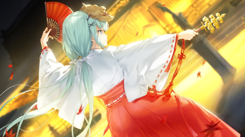 1girl, architecture, autumn_leaves, bell, bishoujo_mangekyou, blue_eyes, east_asian_architecture, expressionless, eyebrows_visible_through_hair, fan, folding_fan, from_behind, game_cg, green_hair, hair_ornament, hair_ribbon, hakama, happoubi_jin, holding, holding_fan, holding_instrument, instrument, japanese_clothes, jingle_bell, kagura_suzu, kimono, long_hair, low_twintails, mask, mask_on_head, miko, nanayama_moyoka, noh_mask, non-web_source, outdoors, profile, red_hakama, ribbon, ribbon-trimmed_sleeves, ribbon_trim, rope, shimenawa, shrine, solo, statue, twintails, very_long_hair, white_kimono, white_ribbon, wide_sleeves, x_hair_ornament