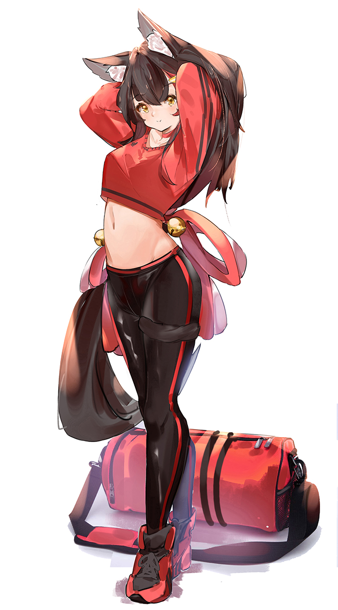 1girl, alternate_costume, animal_ear_fluff, animal_ears, arms_up, bag, bell, black_hair
