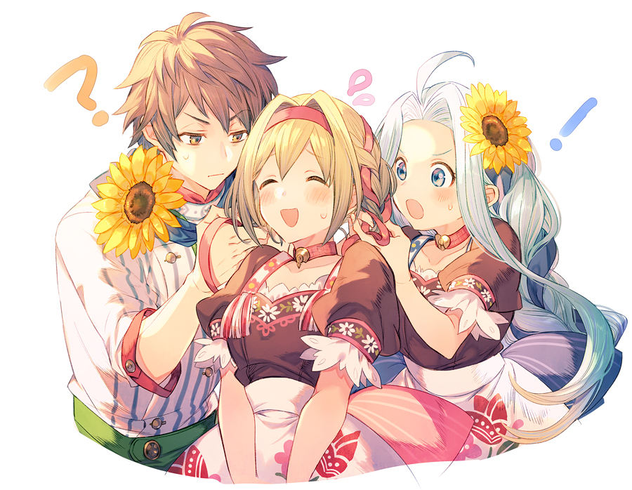 !, 1boy, 2girls, ?, a082, ahoge, blonde_hair, blue_eyes