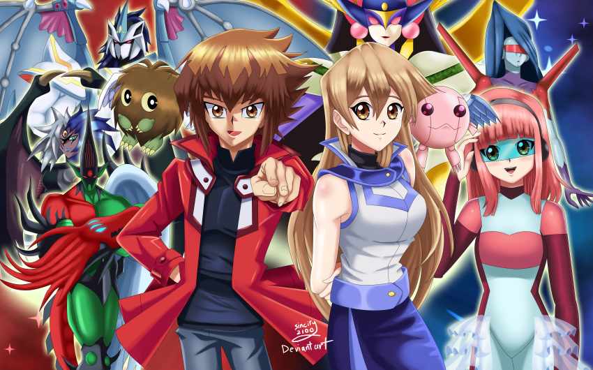 1boy, 1girl, arms_behind_back, blonde_hair, blue_skirt, blush, brown_eyes, brown_hair, cyber_angel_vishnu, cyber_blader, cyber_petit_angel, cyber_tutu, deviantart, elemental_hero_cosmo_neos, elemental_hero_flame_wingman, elemental_hero_neos, happy, jumpsuit, long_hair, multicolored_eyes, pink_hair, posailor_collar, pose, red_jacket, reddit, short_hair, sincity2100, smile, tenjouin_asuka, white_shirt, winged_kuriboh, yubel, yuu-gi-ou, yuu-gi-ou_gx, yuuki_juudai
