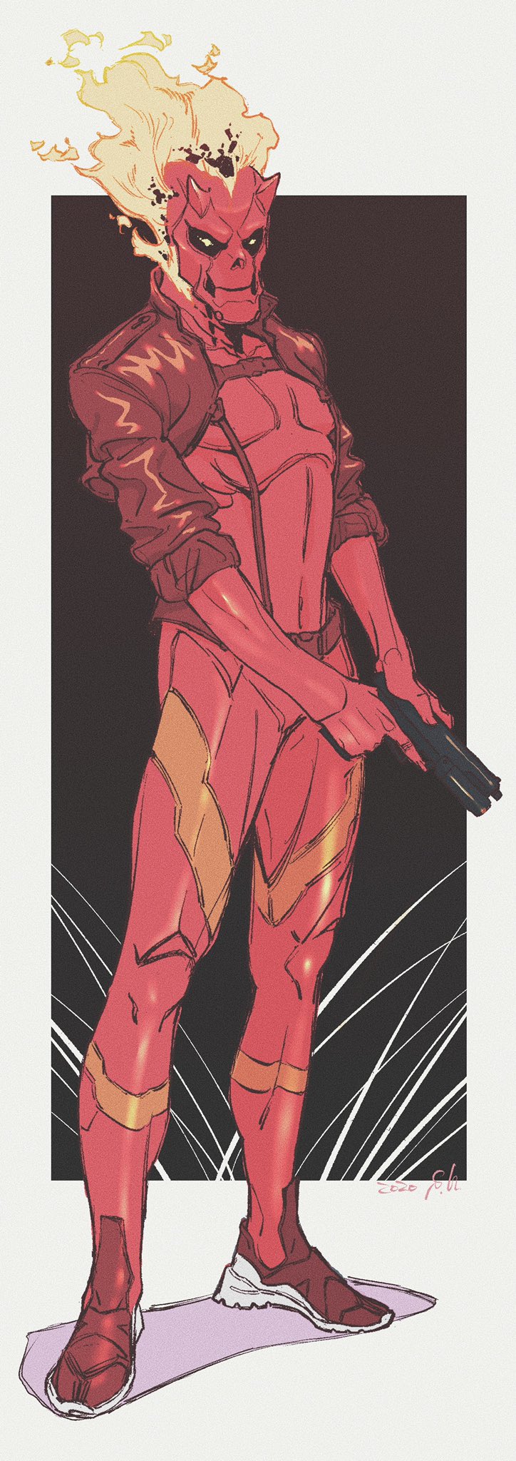 1boy, closed_mouth, dated, fire, glowing, glowing_eyes, gun, handa_shuuhei
