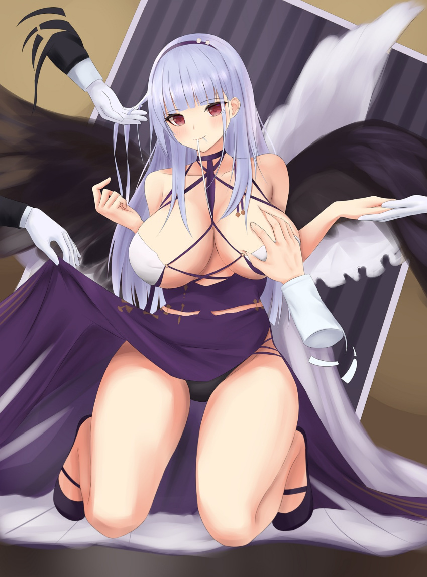 1girl, azur_lane, black_panties, black_wings, blush, breast_grab, breasts, criss-cross_halter