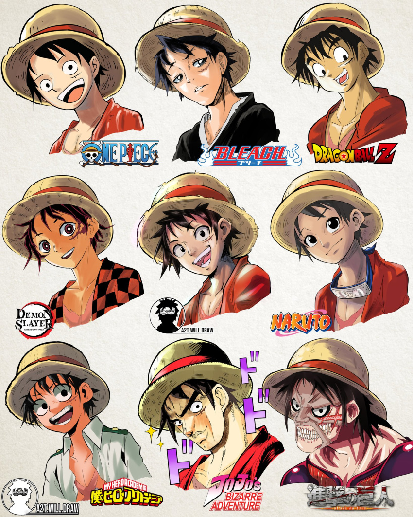 1boy, a2twilldraw, araki_hirohiko_(style), black_eyes, black_hair, bleach, boku_no_hero_academia, closed_mouth, death_note, dragon_ball, dragon_ball_z, facial_scar, gotouge_koyoharu_(style), hat, highres, horikoshi_kouhei_(style), isayama_hajime_(style), jojo_no_kimyou_na_bouken, kimetsu_no_yaiba, kishimoto_masashi_(style), kubo_taito_(style), lips, looking_at_viewer, monkey_d_luffy, multiple_views, naruto_(series), oda_eiichirou_(style), one_piece, open_mouth, parody, parted_lips, scar, scar_on_cheek, shingeki_no_kyojin, short_hair, smile, straw_hat, style_parody, teeth, titan_(shingeki_no_kyojin), toriyama_akira_(style), upper_body