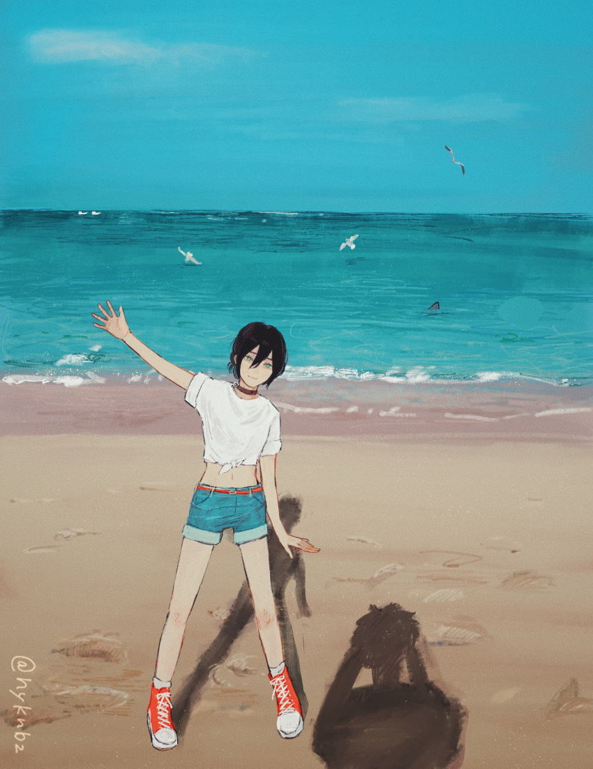 1boy, 1girl, alternate_costume, arms_up, artist_name, bare_arms, bare_legs, beach