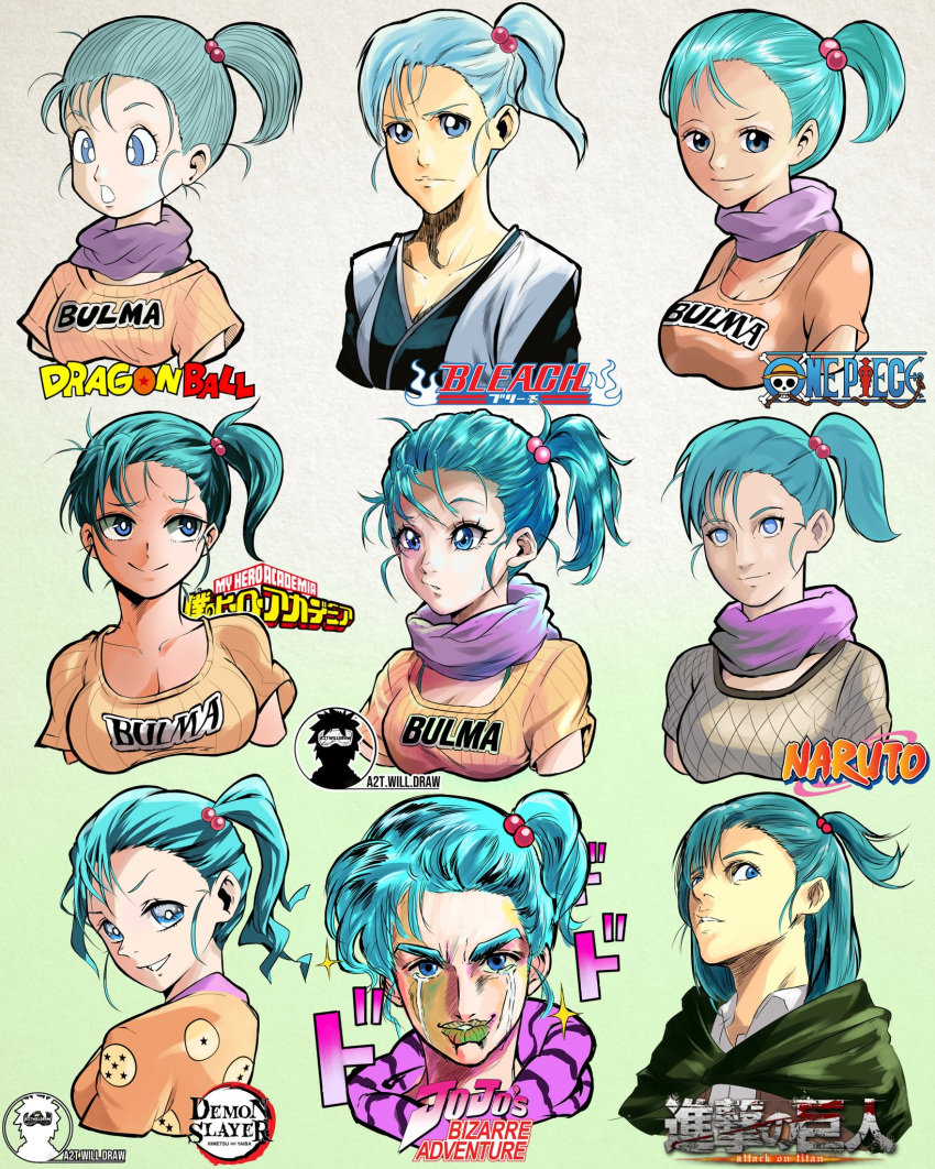 1girl, a2twilldraw, aqua_eyes, aqua_hair, araki_hirohiko_(style), bleach, boku_no_hero_academia, bulma
