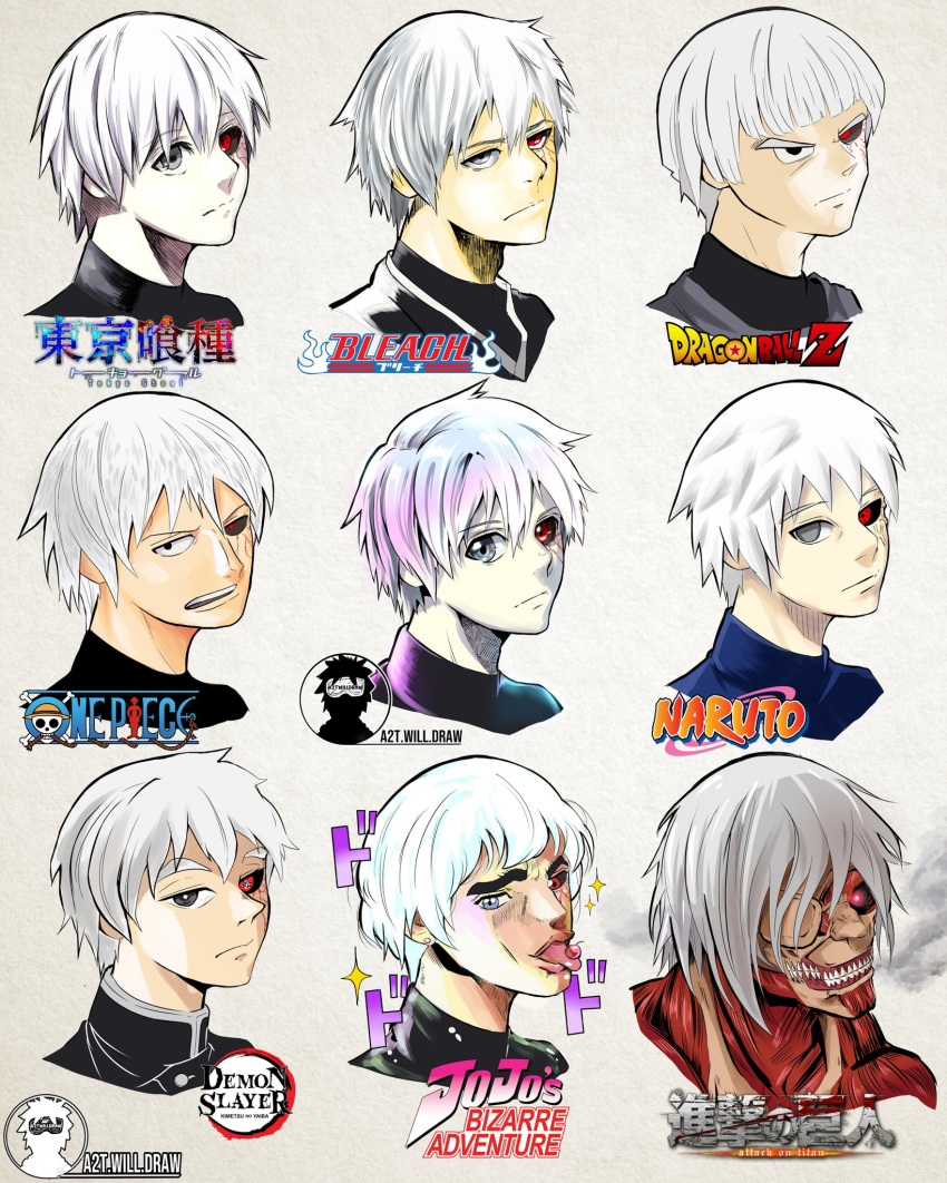 1boy, a2twilldraw, araki_hirohiko_(style), black_eyes, black_sclera, bleach, closed_mouth, copyright_name