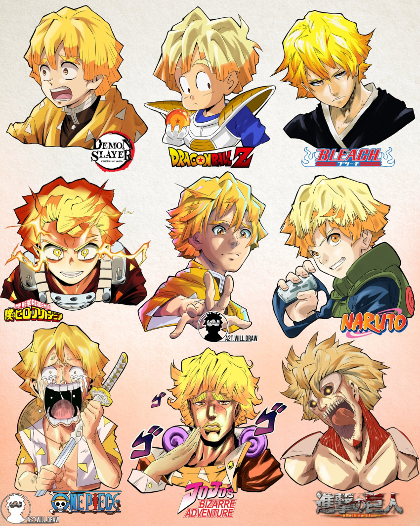 1boy, a2twilldraw, agatsuma_zenitsu, araki_hirohiko_(style), armor, bleach, blonde_hair, boku_no_hero_academia