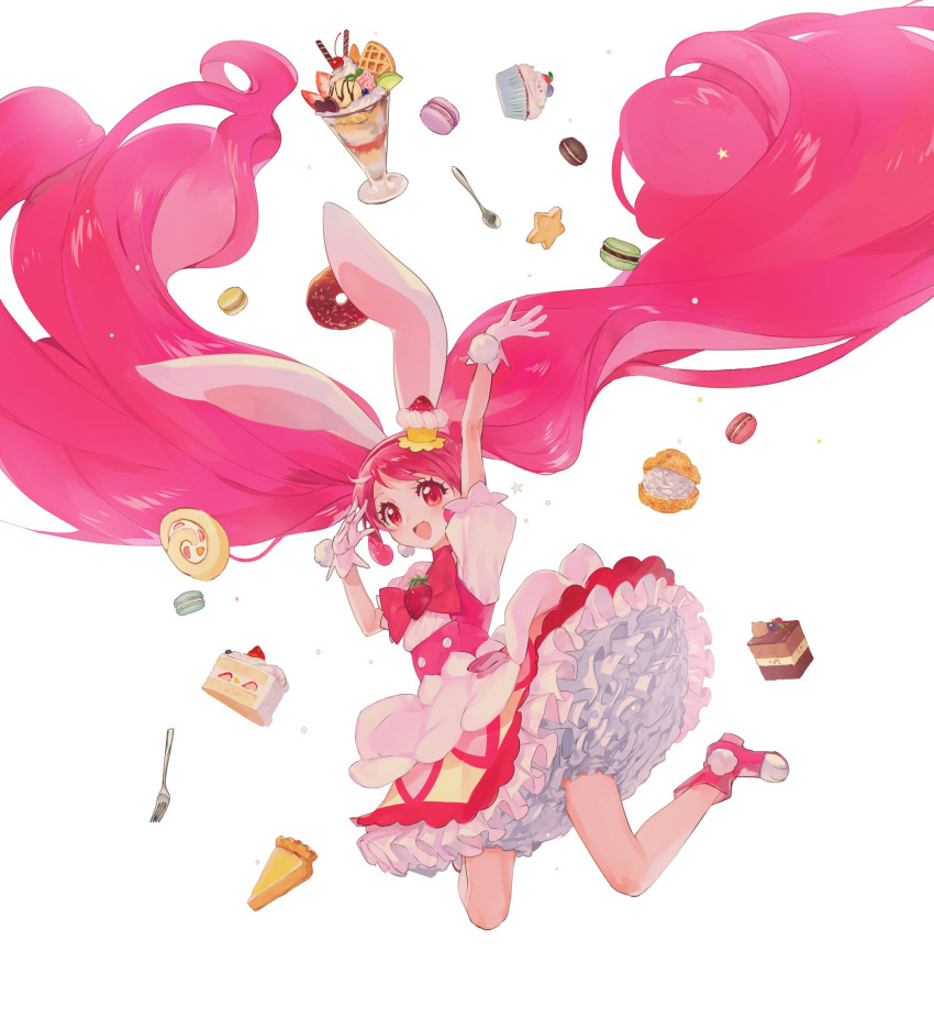 1girl, animal_ears, bunny_girl, cake_hair_ornament, cupcake, cure_whip, dessert, doughnut