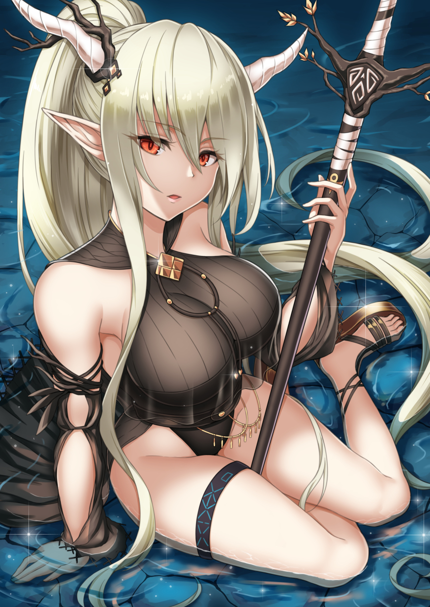 1girl, absurdly_long_hair, arknights, arm_support, bangs, bare_shoulders, black_swimsuit, breasts