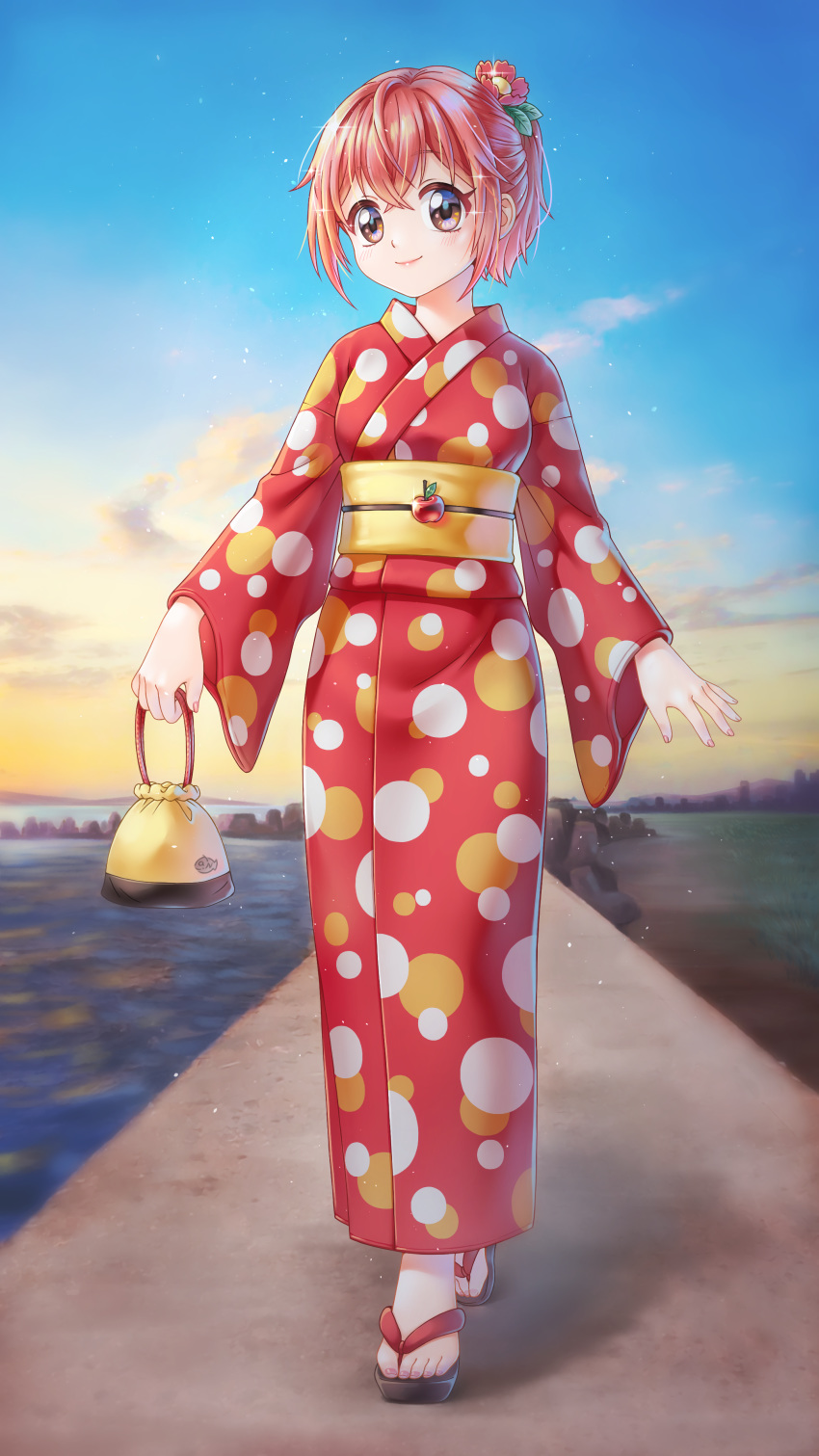 1girl, absurdres, apple, apple_(doubutsu_no_mori), bag, bangs, bow, closed_mouth, clouds, crossed_bangs, doubutsu_no_mori, fingernails, flower, food, fruit, full_body, hair_between_eyes, hair_bow, hair_flower, hair_ornament, highres, holding, holding_bag, japanese_clothes, kimono, lck8095, leaf, long_sleeves, obi, orange_eyes, outdoors, personification, pink_hair, polka_dot, polka_dot_kimono, ponytail, red_flower, red_kimono, sash, short_hair, sky, smile, solo, sparkle, tabi, toenails, water, wide_sleeves