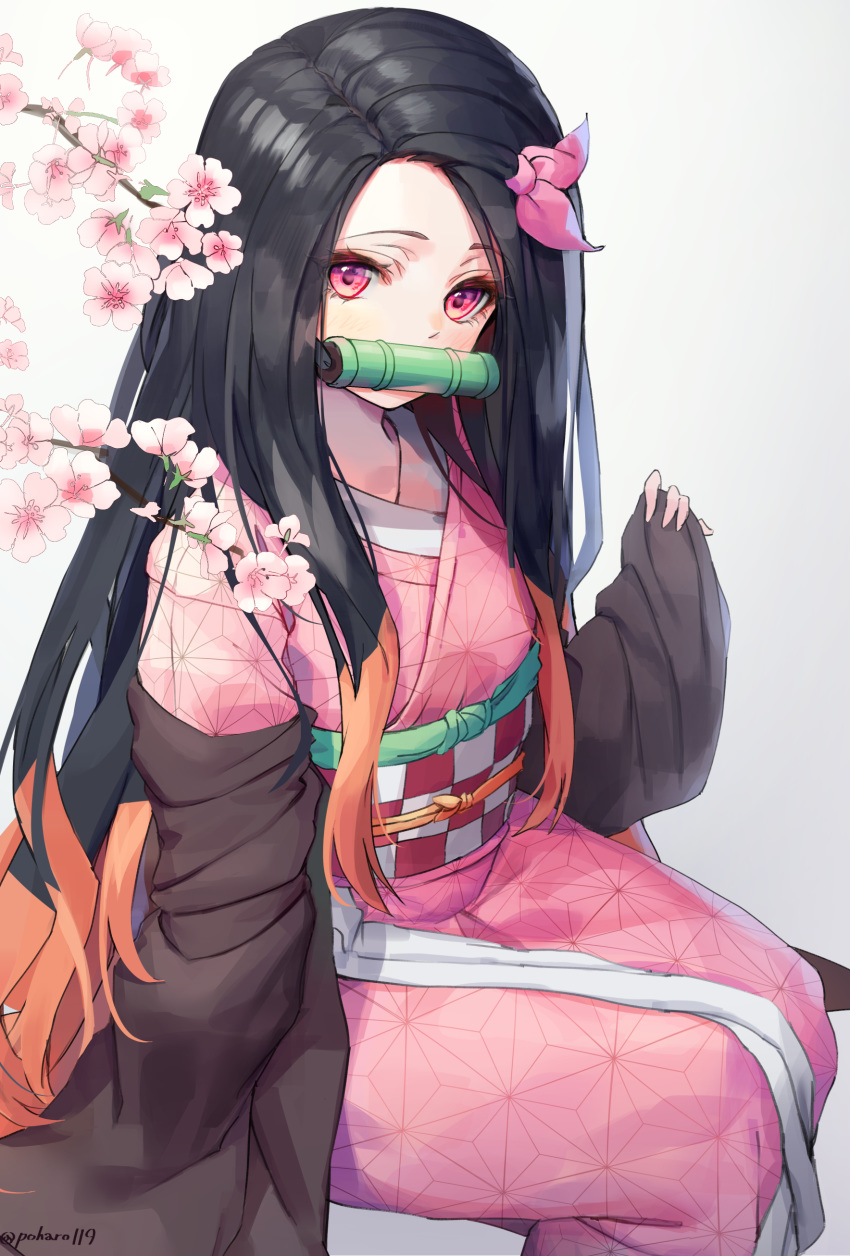 1girl, absurdres, bamboo, bangs, bit_gag, black_hair, brown_eyes, checkered