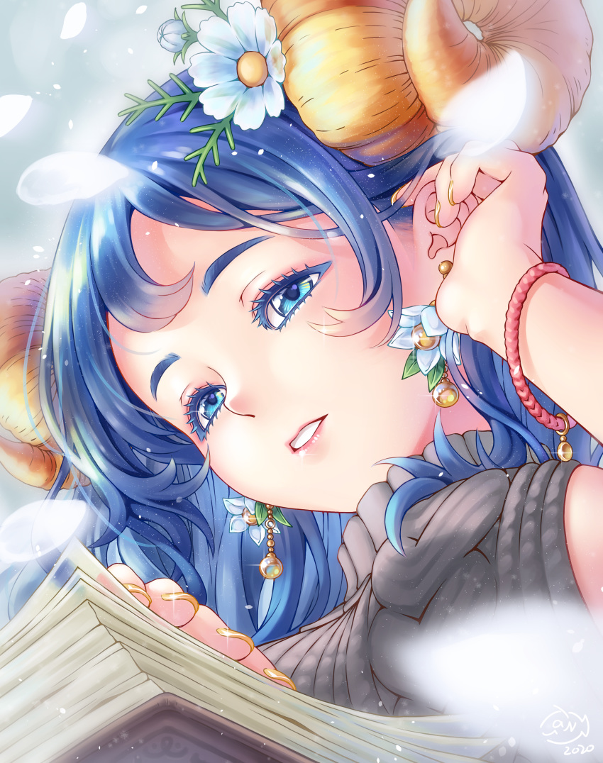 1girl, 2020, absurdres, blue_eyes, blue_hair, book, bracelet, colored_eyelashes, curled_horns, curly_hair, doubutsu_no_mori, earrings, eyelashes, fingernails, flower, flower_earrings, glint, grey_sweater, hair_flower, hair_ornament, highres, horns, jewelry, lck8095, lips, long_hair, mohair_(doubutsu_no_mori), open_book, parted_lips, personification, petals, pink_lips, sheep_horns, signature, sleeveless_sweater, solo, sparkle, sweater, turtleneck, turtleneck_sweater, upper_body, white_flower, yellow_horns, yellow_nails