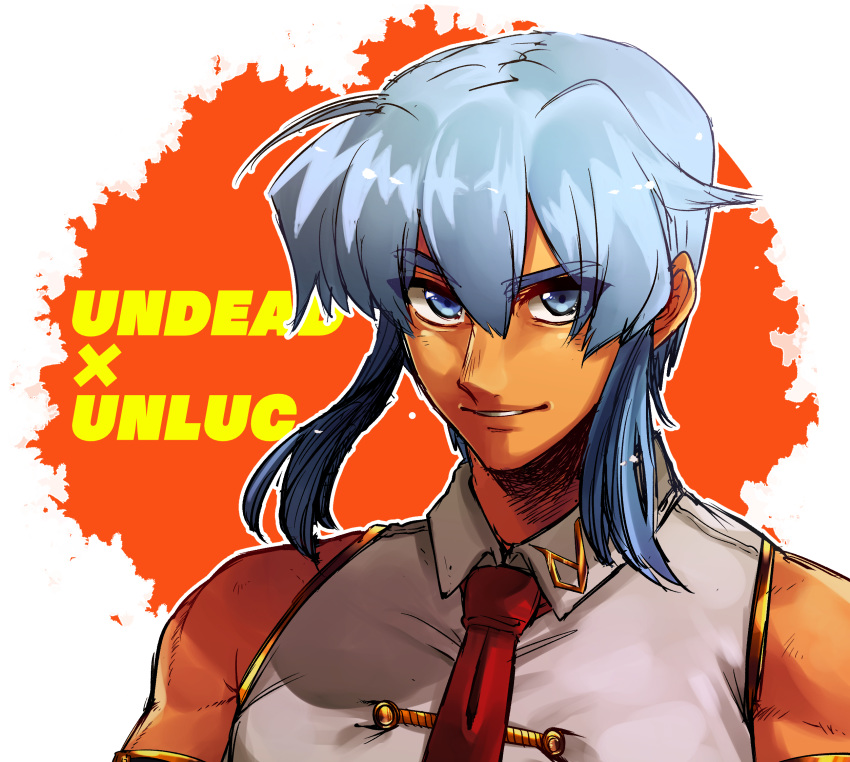 1boy, armlet, blue_eyes, blue_hair, chinese_clothes, copyright_name, hair_between_eyes, highres, looking_at_viewer, male_focus, necktie, orange_background, red_neckwear, shen_(undead_unluck), sidelocks, smile, solo, tontoro_(toropig-thunder), undead_unluck, upper_body