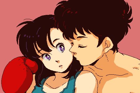 1boy, 1girl, arm_around_shoulder, bare_shoulders, black_hair, boxing_gloves, character_request, check_character