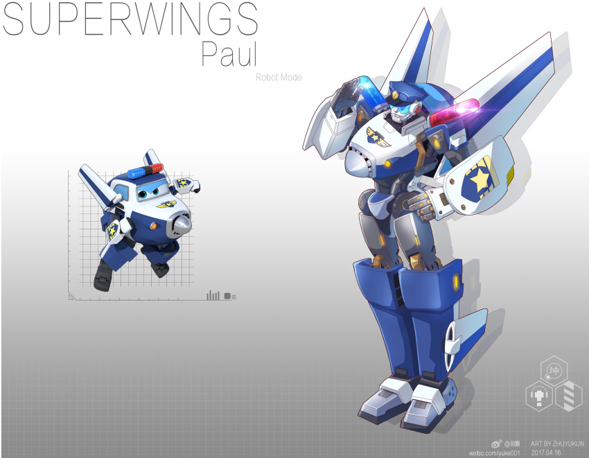 2017, aircraft, airplane, dated, hand_on_hip, highres, mecha, no_humans, open_mouth, paul_(super_wings), police, redesign, reference_photo_inset, robot, salute, solo, super_wings, visor, zhuyukun2003