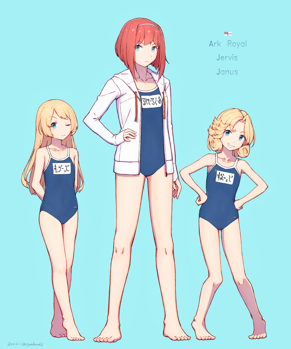3girls, ark_royal_(kantai_collection), bangs, blonde_hair, blue_eyes, blue_swimsuit, blunt_bangs, bob_cut