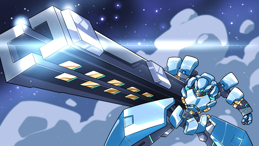 clenched_hand, dust, hamuten_(hmltzero), highres, mecha, new_arhan, no_humans, railgun