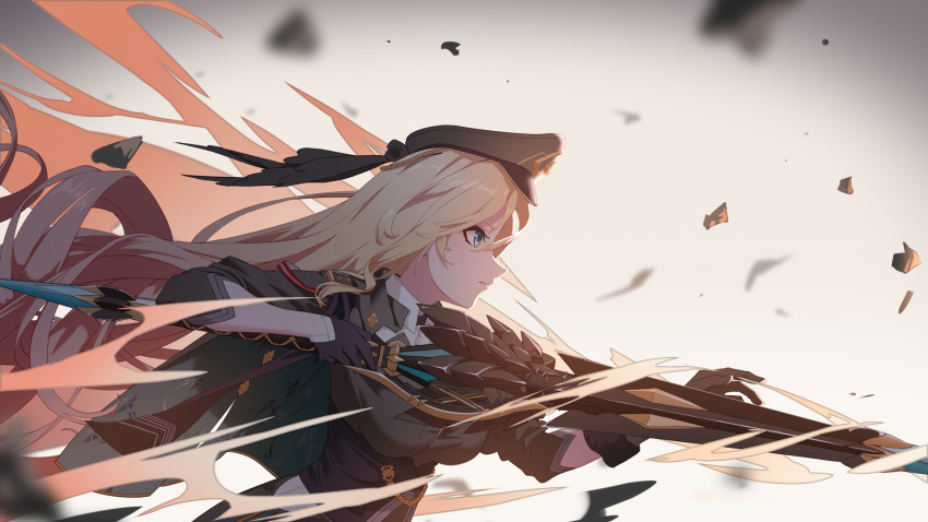alset, bangs, bianka_durandal_ataegina, blonde_hair, blue_eyes, durandal_(tales), eyebrows, hair_between_eyes, hat, highres, honkai_(series), honkai_impact_3rd, long_hair, uniform, weapon