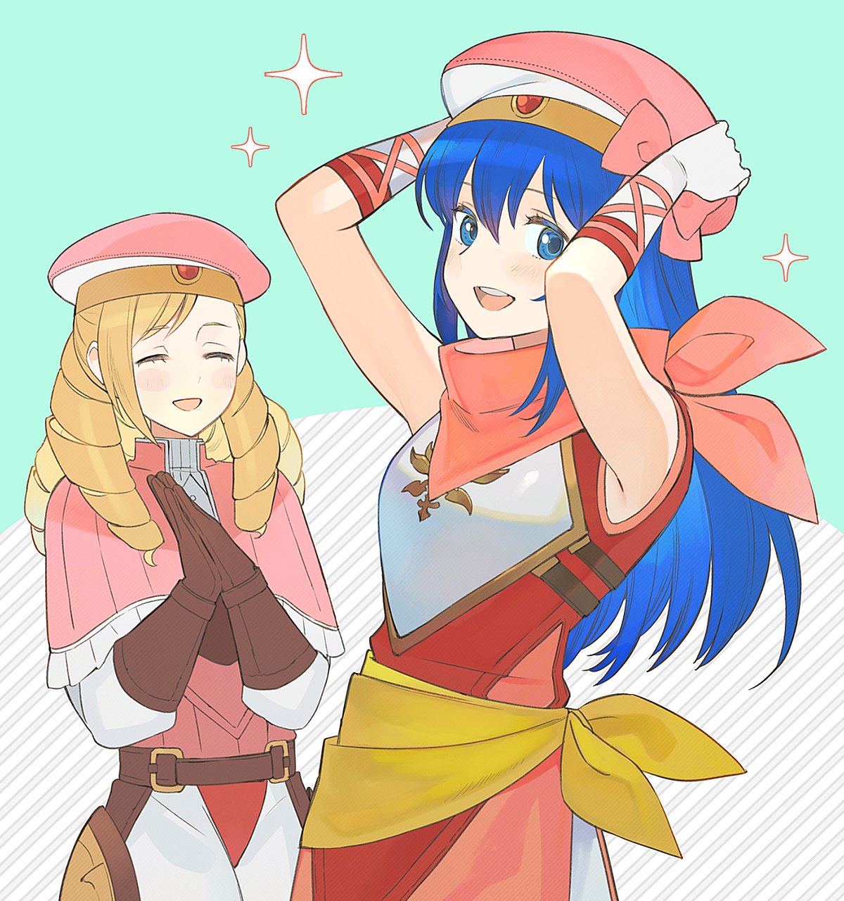 1boy, 1girl, arms_up, belt, blonde_hair, blue_eyes, blue_hair, caeda_(fire_emblem), closed_eyes, fire_emblem, fire_emblem:_mystery_of_the_emblem, fire_emblem_fates, fire_emblem_heroes, forrest_(fire_emblem), gloves, hat, highres, kyufe, long_hair, open_mouth, scarf, upper_body, white_gloves, younger