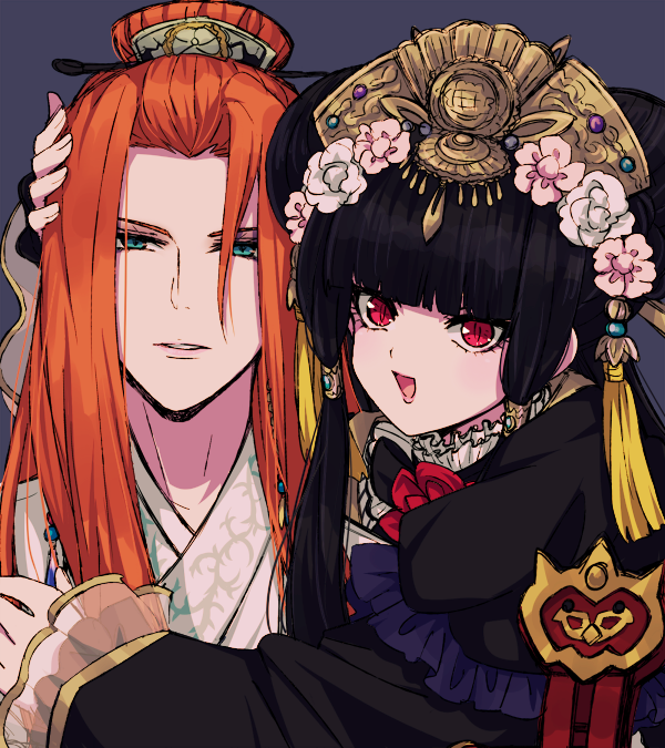 1boy, 1girl, akasata, bangs, bangs_pinned_back, black_dress, black_hair, blunt_bangs