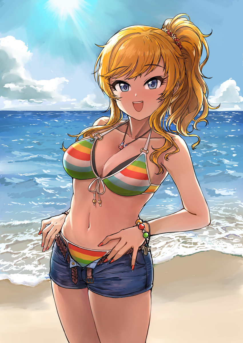 1girl, absurdres, bangs, bare_arms, bare_shoulders, beach, belt, bikini, blonde_hair, blue_eyes, bracelet, breasts, collarbone, commentary_request, day, denim, denim_shorts, eyebrows_visible_through_hair, green_bikini, hair_ornament, highres, idolmaster, idolmaster_cinderella_girls, jewelry, large_breasts, long_hair, looking_at_viewer, multicolored, multicolored_bikini, multicolored_clothes, navel, necklace, ocean, ootsuki_yui, open_clothes, open_mouth, open_shorts, orange_nails, outdoors, pengwin, ponytail, red_bikini, short_shorts, shorts, smile, solo, swimsuit, upper_teeth, wavy_hair, white_bikini, yellow_bikini