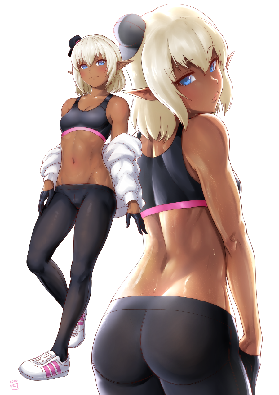 1girl, ass, back, baseball_cap, black_gloves, black_sports_bra, blue_eyes, blush