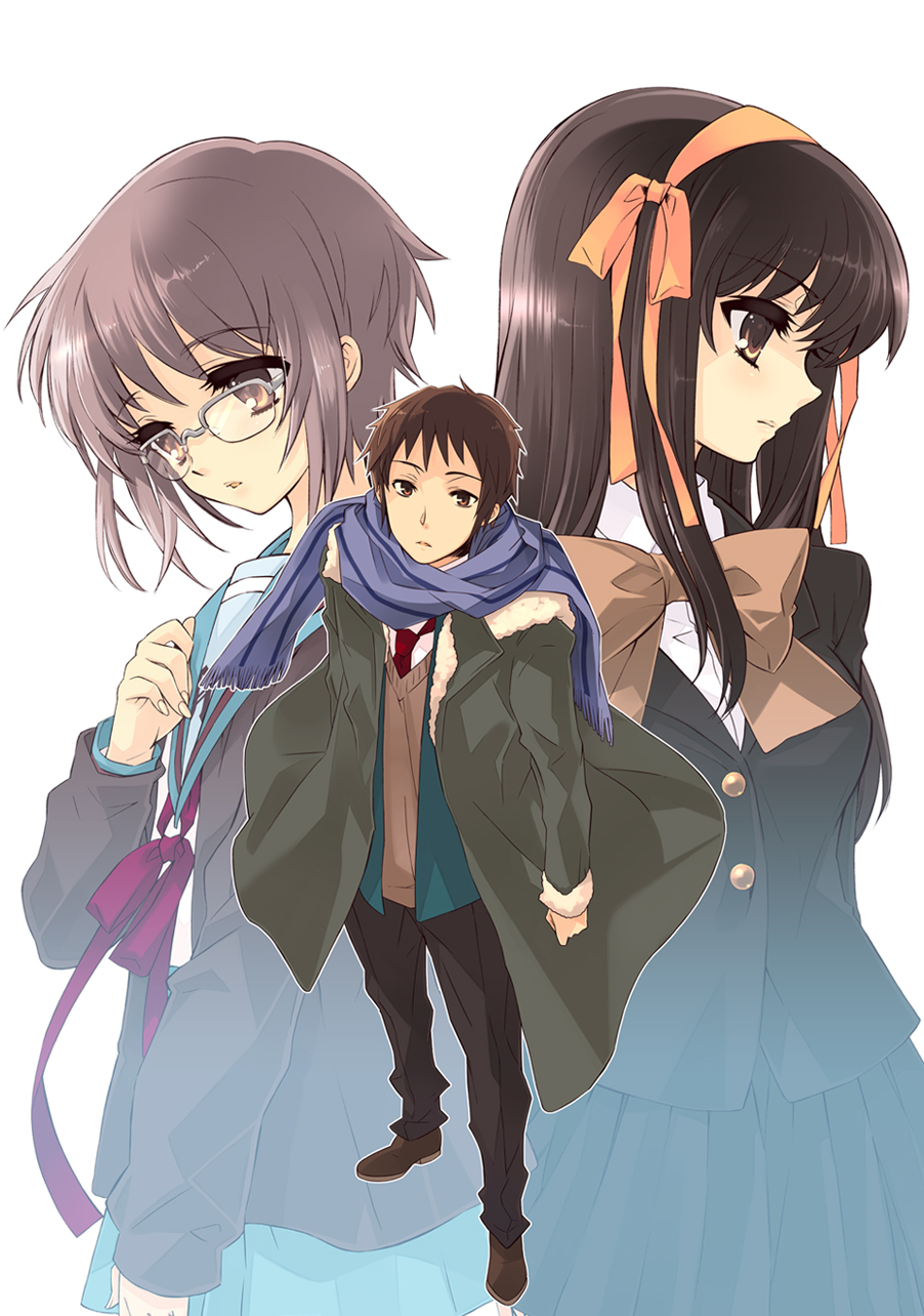 1boy, 2girls, blazer, blue_sailor_collar, bow, bowtie, brown_eyes, brown_hair, cardigan, coat, commentary_request, glasses, grey_hair, hairband, highres, itou_noiji, jacket, kita_high_school_uniform, kouyouen_academy_uniform, kyon, multiple_girls, nagato_yuki, necktie, official_art, orange_hairband, pleated_skirt, sailor_collar, scarf, school_uniform, semi-rimless_eyewear, serafuku, short_hair, skirt, suzumiya_haruhi, suzumiya_haruhi_no_shoushitsu, suzumiya_haruhi_no_yuuutsu, sweater, white_background, yellow_neckwear