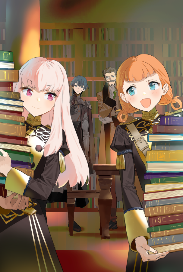 2boys, 2girls, annette_fantine_dominic, armor, black_gloves, blue_eyes, blue_hair, book