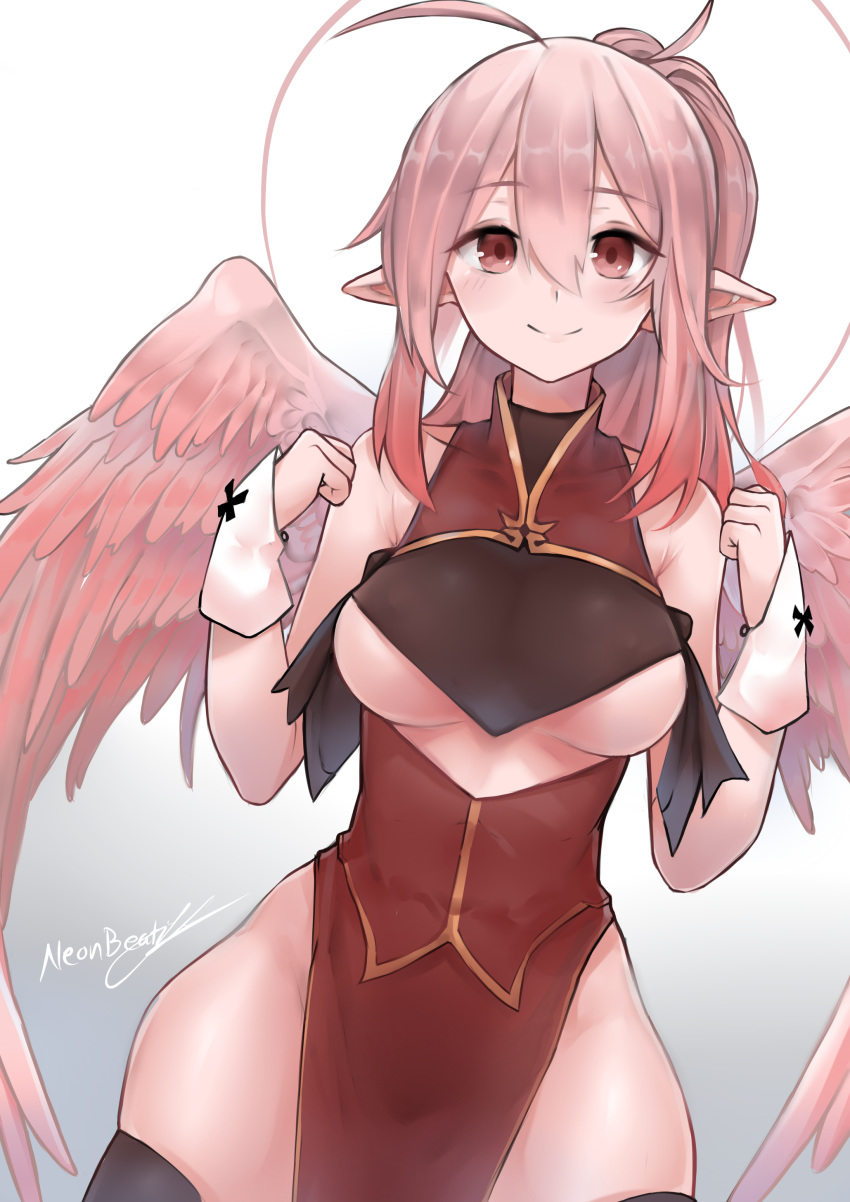 1girl, absurdres, ahoge, alpha_transparency, bare_shoulders, borrowed_character, breasts, brown_legwear