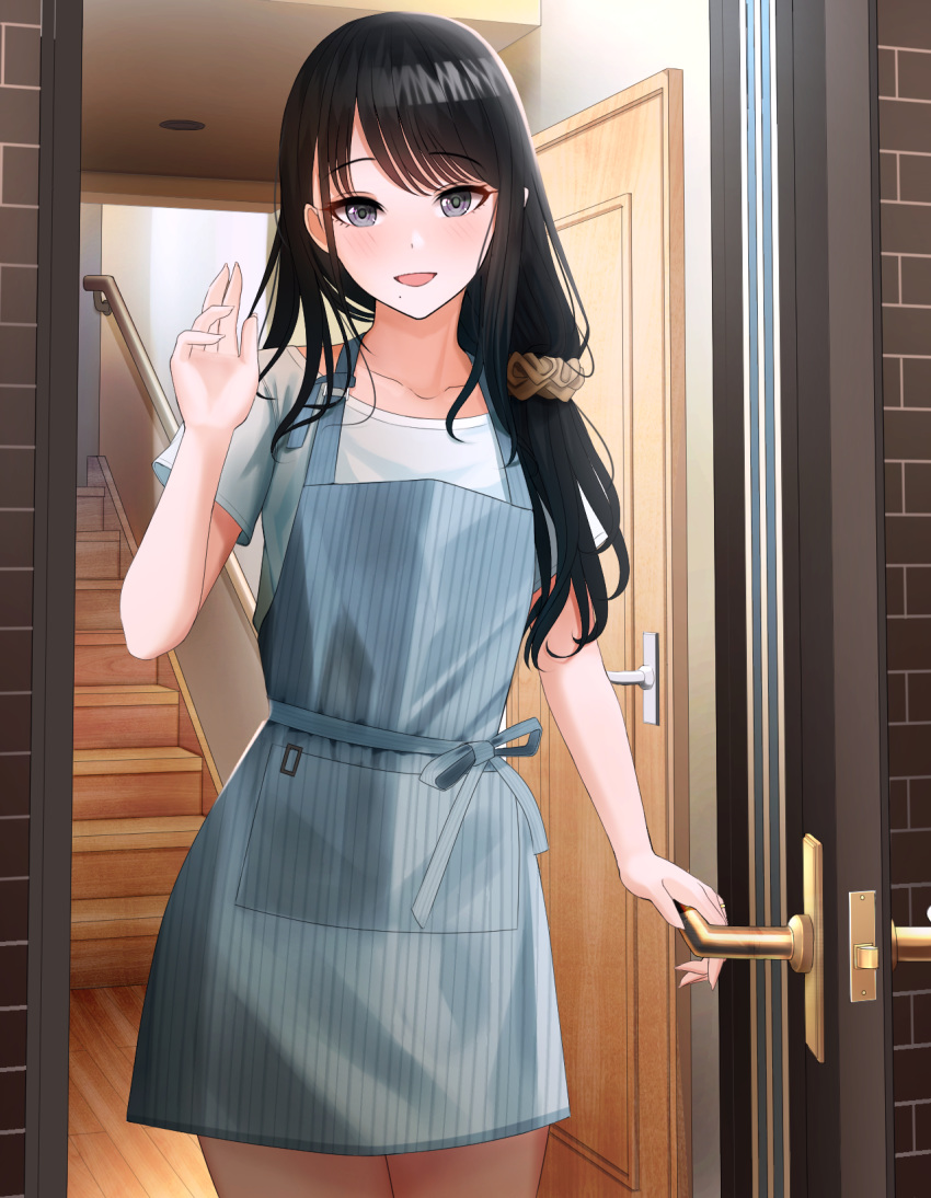 1girl, :d, apron, bangs, black_eyes, black_hair, blue_apron, blush