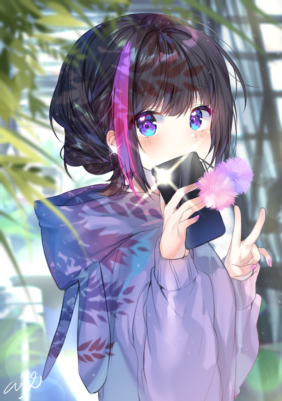 1girl, animal_ears, animal_hood, bamgs, blurry, blurry_background, brown_hair, bunny_hood, eyebrows_visible_through_hair, fake_animal_ears, highres, holding, holding_phone, hood, hood_down, hoodie, multicolored_hair, nail_polish, original, phone, pink_hair, pink_nails, purple_hoodie, rabbit_ears, short_hair, signature, solo, symbol_commentary, upper_body, urim_(paintur), violet_eyes