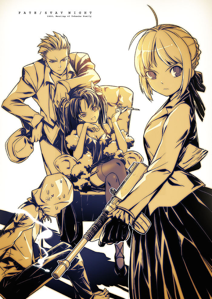 2girls, :d, alternate_costume, archer, breasts, cleavage, crossed_legs, emiya_shirou