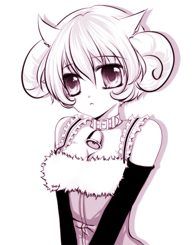 bell, bell_collar, collar, horns, huge_eyes, lowres, mikazuki_sara, monochrome, purple, sheep_horns
