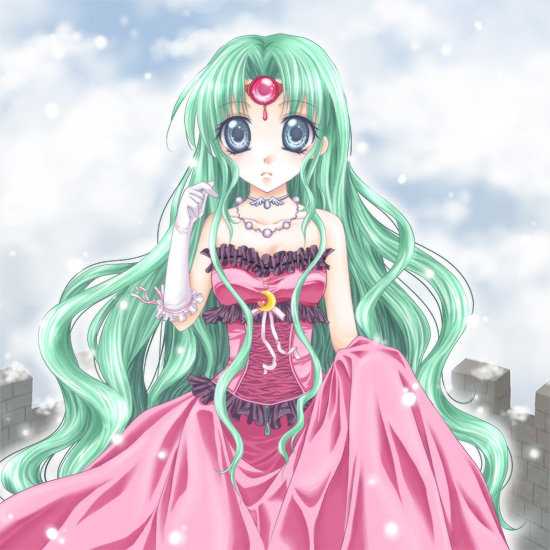 choker, dress, frills, green_hair, huge_eyes, jewelry, long_hair, mikazuki_sara