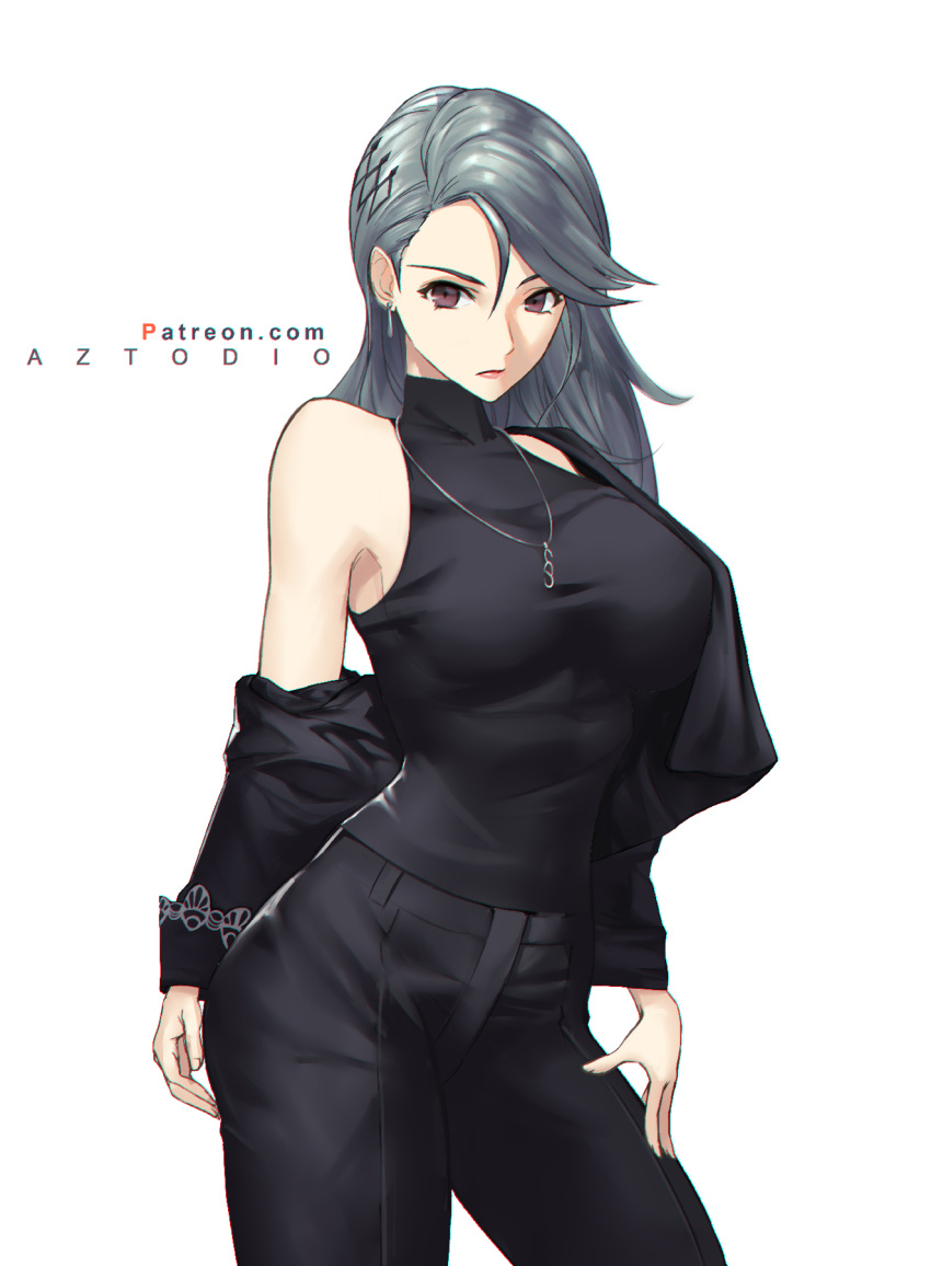 1girl, azto_dio, bare_shoulders, black_pants, black_shirt, blazer_removed, brown_eyes, cowboy_shot