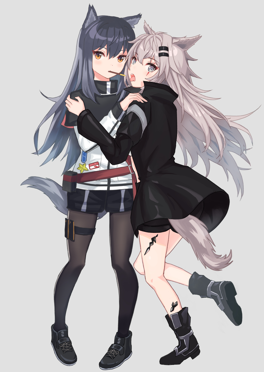 2girls, animal_ear_fluff, animal_ears, arknights, bangs, bare_legs, belt, black_capelet