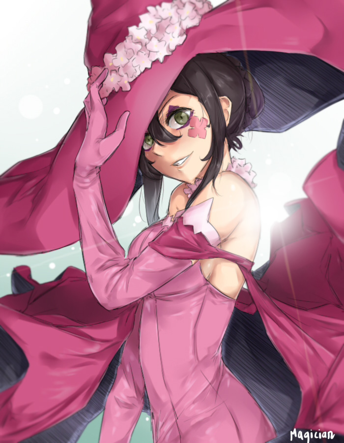 1girl, artist_name, backlighting, bangs, black_hair, breasts, elbow_gloves, facial_mark