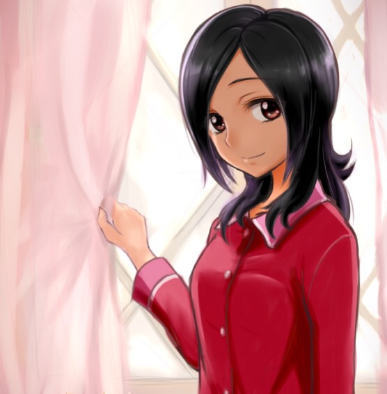 1girl, bangs, black_hair, closed_mouth, curtains, dress_shirt, fresh_precure!, gen_(renoir1124)