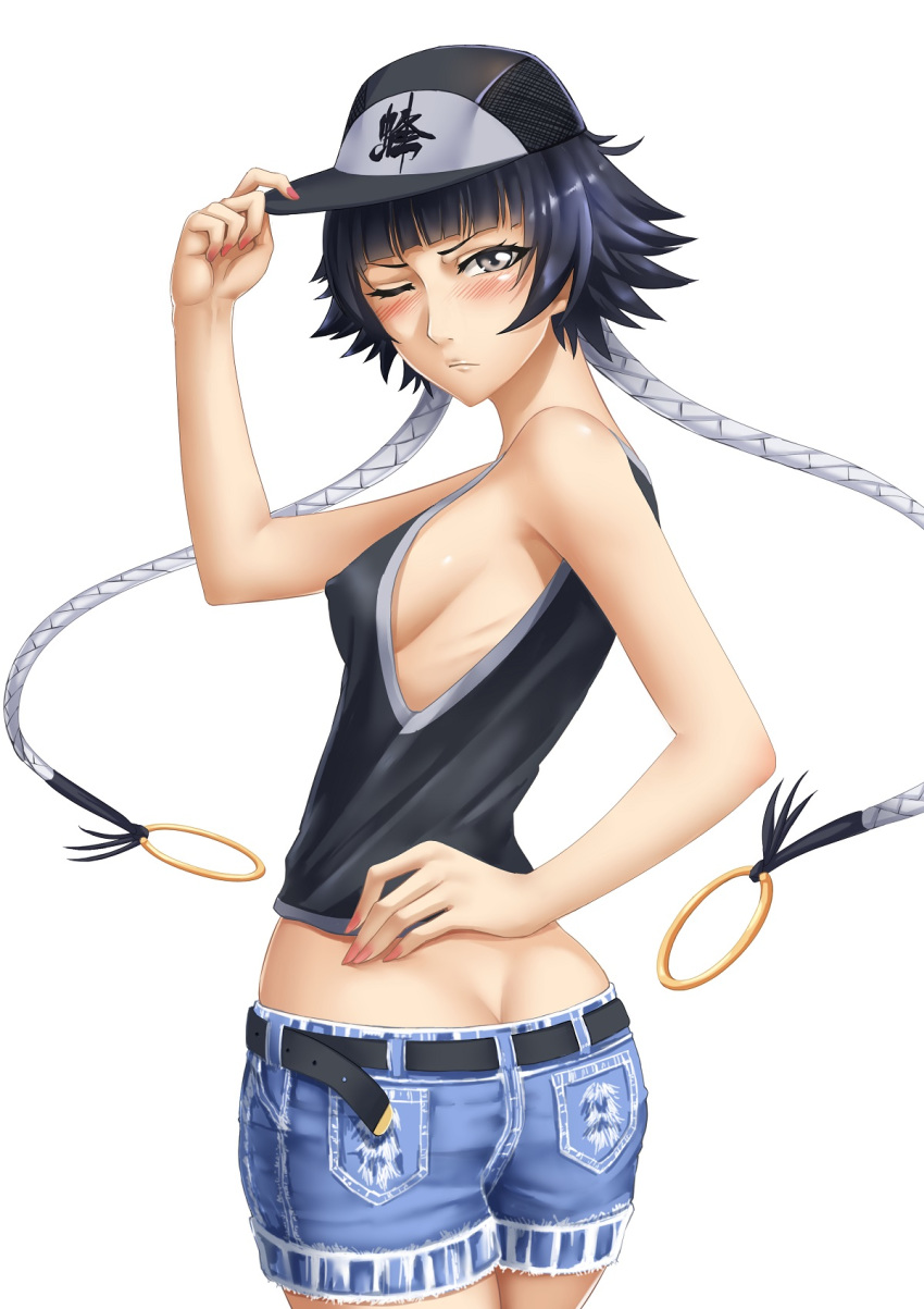 1girl, bangs, baseball_cap, belt, black_belt, black_hair, black_headwear, bleach
