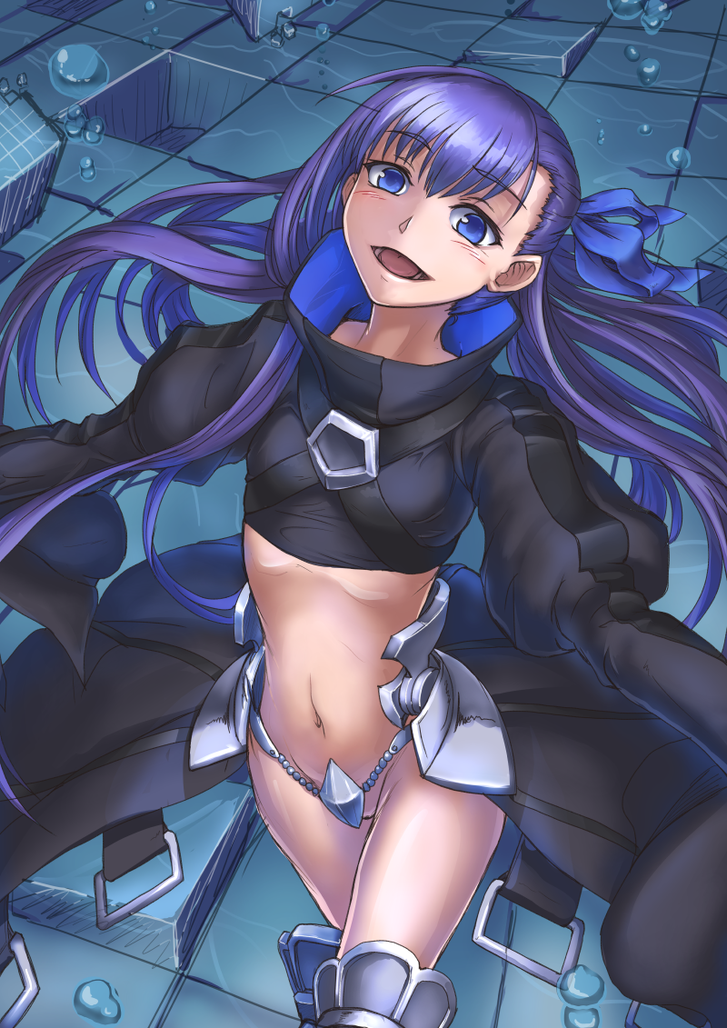 1girl, :d, bangs, blue_eyes, blue_ribbon, breasts, crop_top, crotch_plate