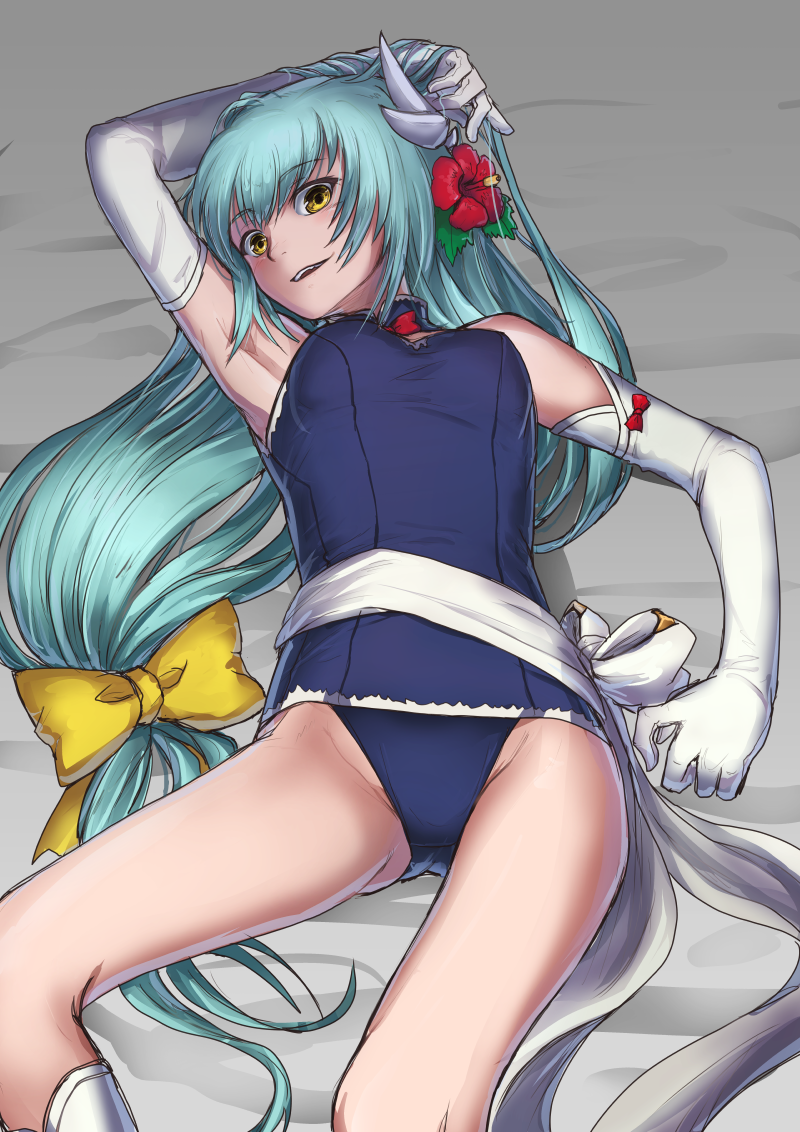 1girl, aqua_hair, arm_up, blue_swimsuit, bow, breasts, elbow_gloves, eyebrows_visible_through_hair