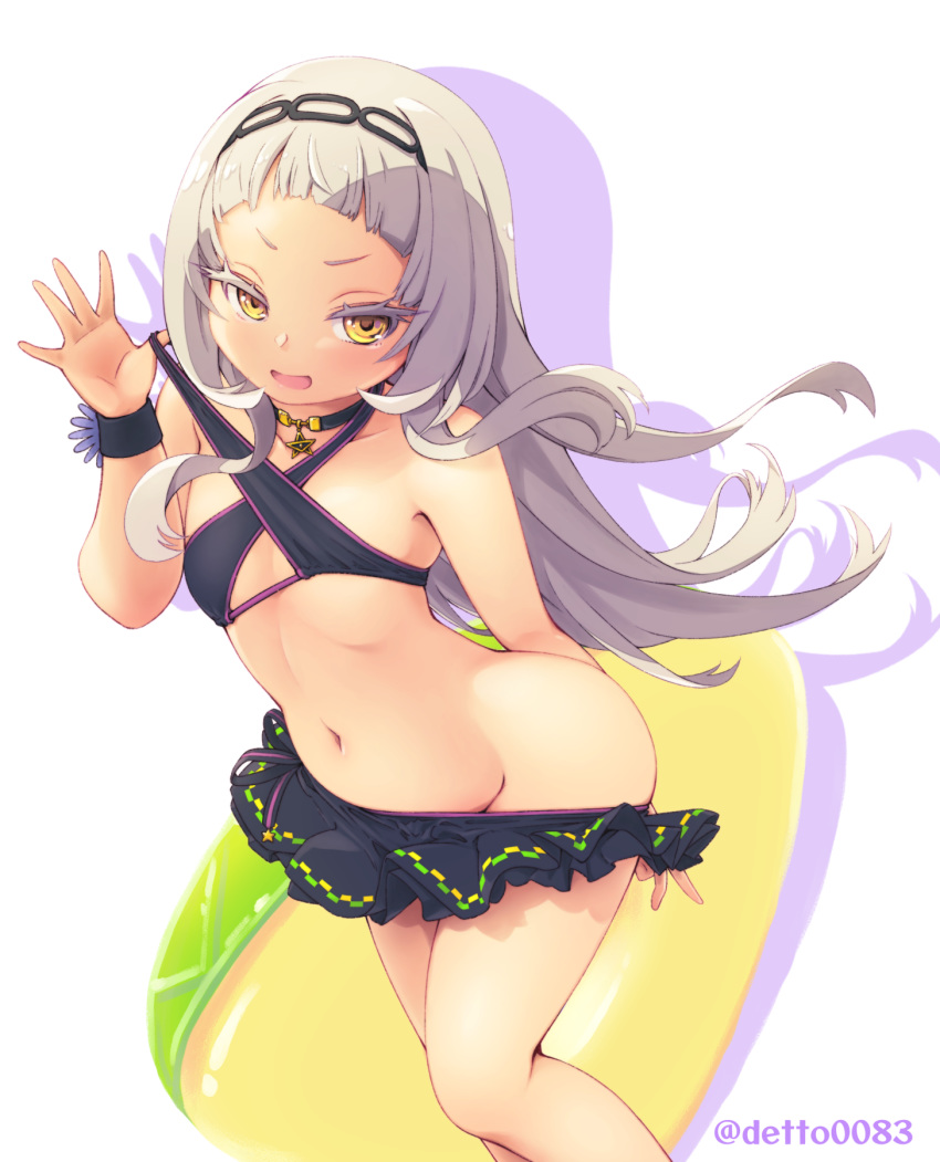 1girl, :d, bare_arms, bare_shoulders, bikini, bikini_pull, black_bikini, black_choker, black_hairband, choker, colored_eyelashes, deto, eyelashes, flat_chest, hairband, highres, hololive, long_hair, looking_at_viewer, murasaki_shion, navel, open_mouth, pulled_by_self, silhouette, silver_hair, smile, solo, star_(symbol), star_choker, swimsuit, twitter_username, v-shaped_eyebrows, very_long_hair, virtual_youtuber, wristband, yellow_eyes