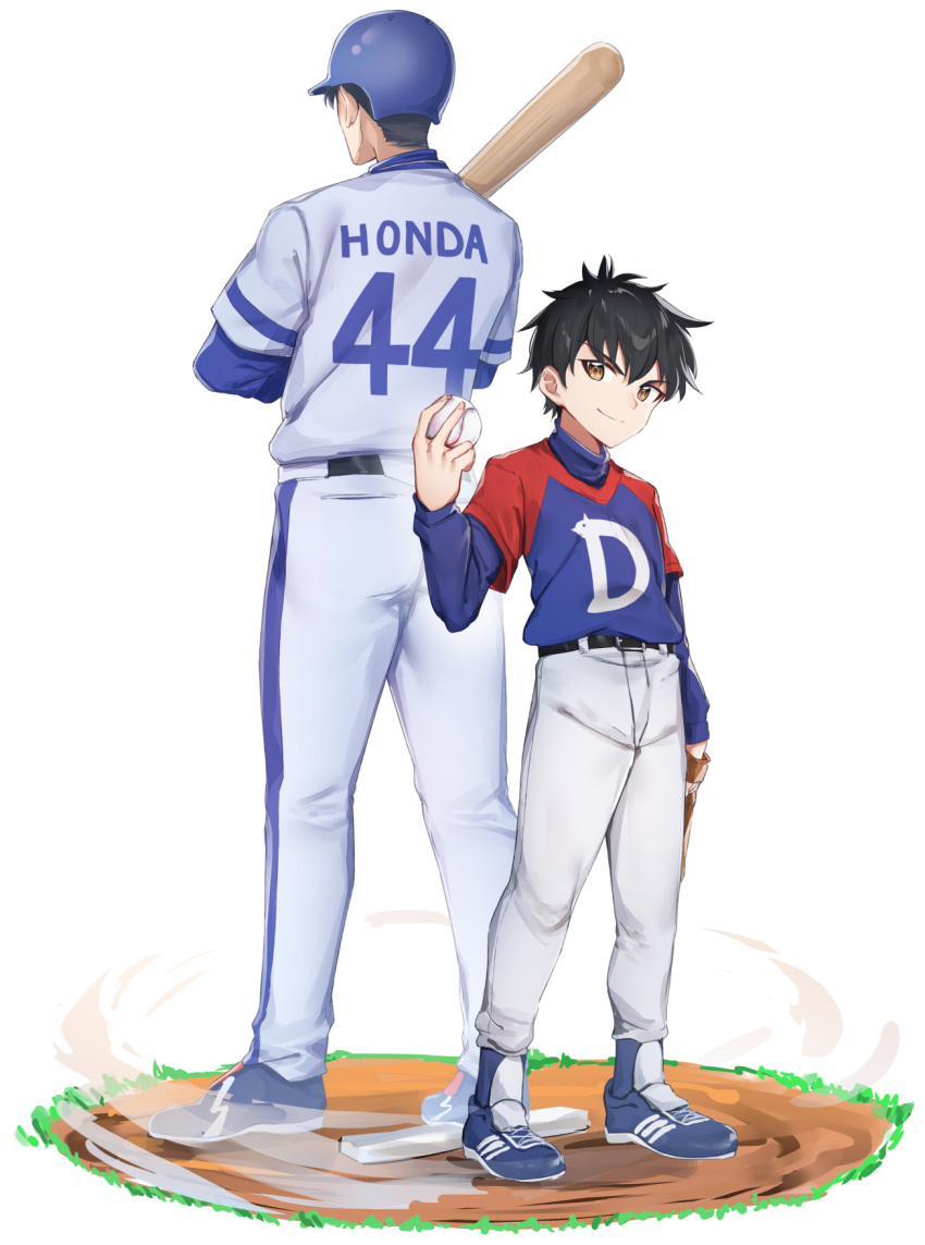 2boys, baseball, baseball_costume, black_hair, blue_footwear, blue_shirt, child, commentary_request
