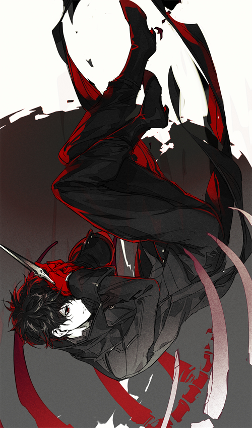 1boy, amamiya_ren, black_coat, black_footwear, black_hair, black_pants, boots, closed_mouth, coat, gloves, grey_background, hair_between_eyes, holding, i_(pixiv35705276), long_sleeves, male_focus, open_clothes, open_coat, pants, persona, persona_5, red_eyes, red_gloves, shiny, shiny_hair, solo, white_background