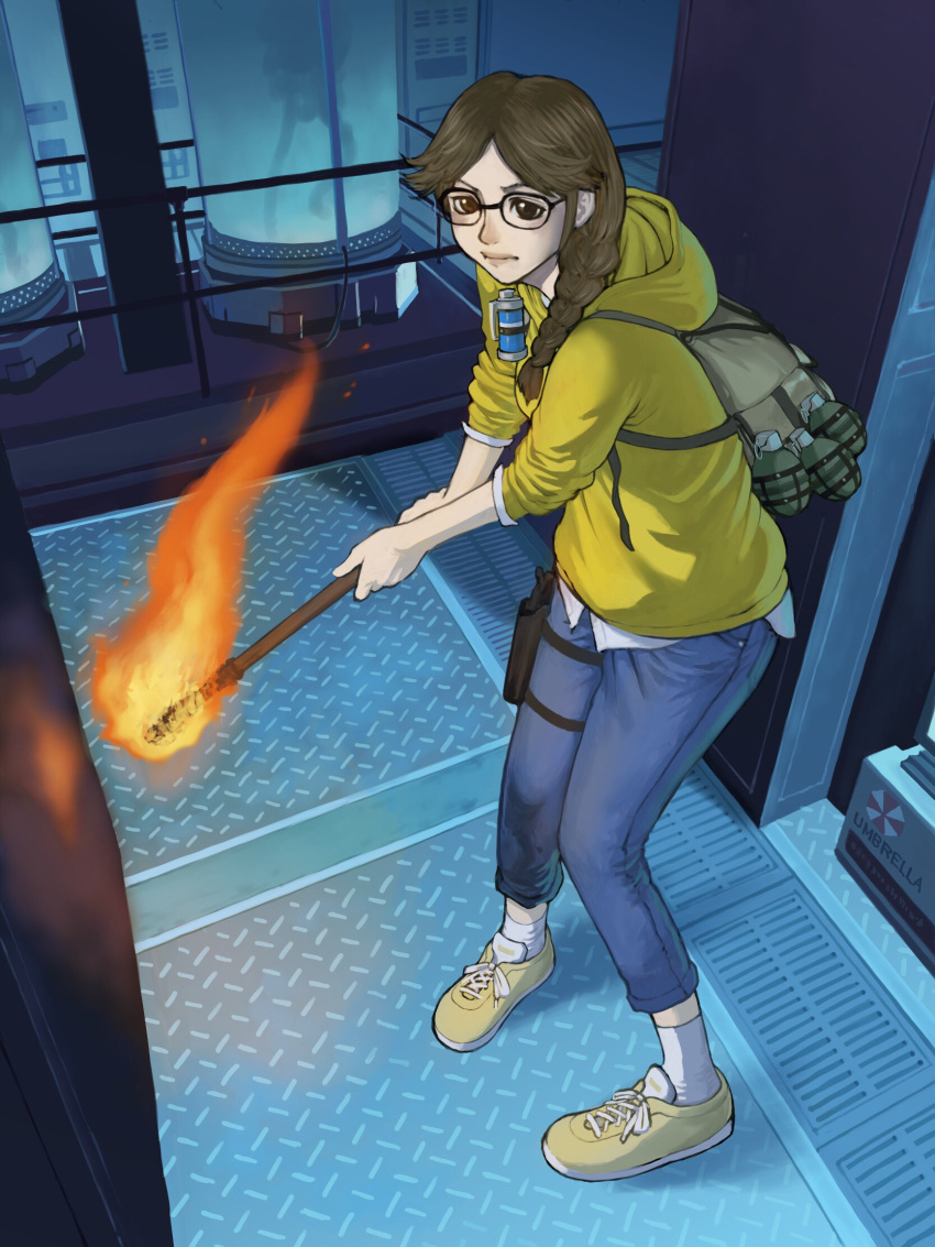 1girl, bag, braid, brown_eyes, brown_hair, explosive, fire, glasses, grenade, gun, highres, long_hair, resident_evil, resident_evil:_resistance, single_braid, solo, torch, user_egrs5328, valerie_harmon, weapon