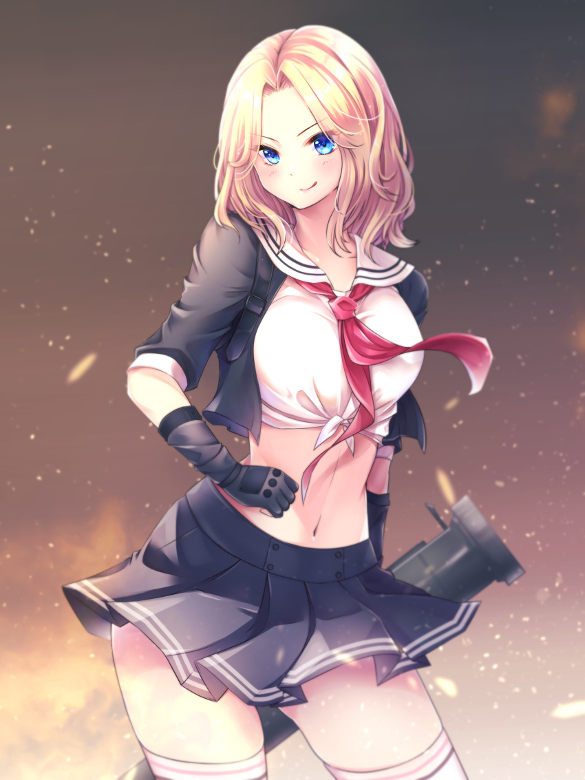1girl, becca_woolet, blonde_hair, blue_eyes, blush, cannon, fingerless_gloves, fire, gloves, highres, long_hair, nana_(kanaonet7), resident_evil, resident_evil:_resistance, sailor_collar, school_uniform, solo, thigh-highs, tongue, tongue_out