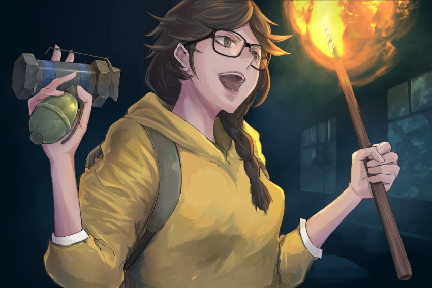 1girl, bag, blonde_hair, braid, brown_eyes, brown_hair, explosive, fire